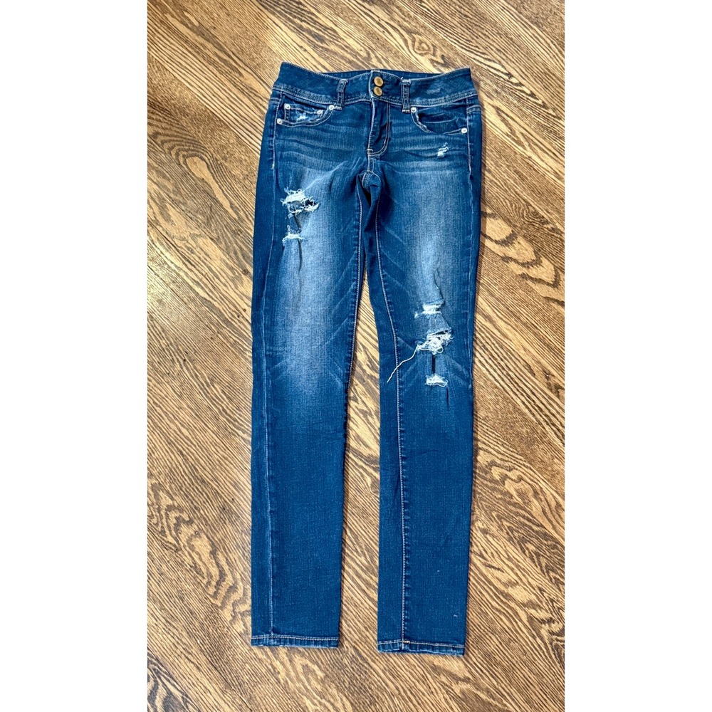 American Eagle Skinny Jeans Womens 2 Dark Wash Distressed‎ Edgy Super Stretch